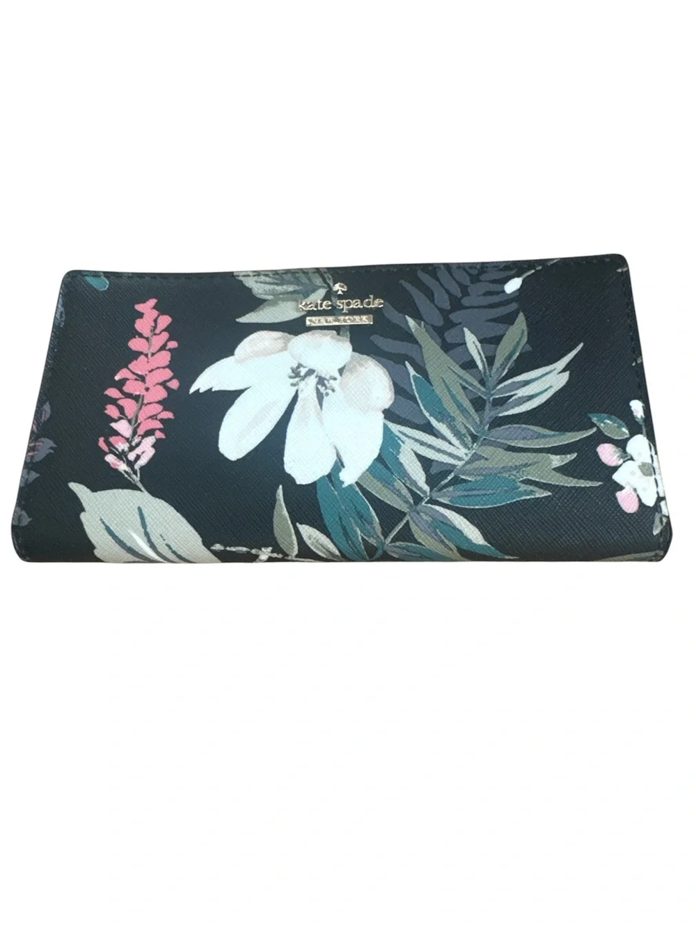 kate spade Black Floral Continental Wallet with Pink & White Blooms